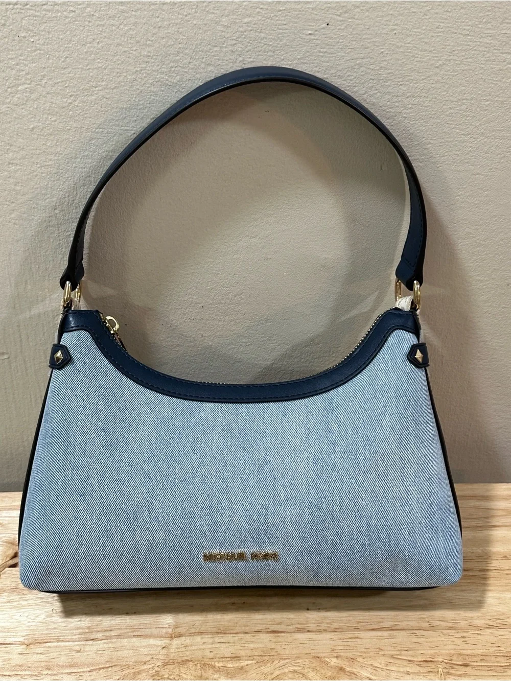 Michael Kors Light Blue Denim Shoulder Hobo Bag with Navy Leather Trim